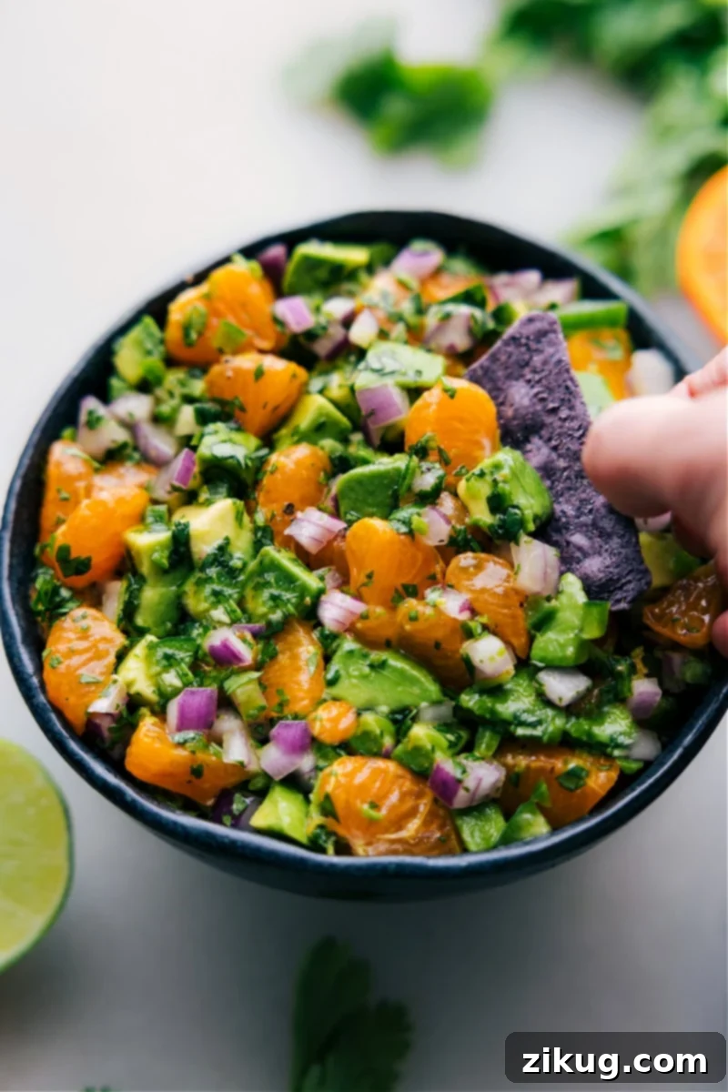 Overhead view of a bowl of freshly prepared Avocado-Orange Salsa, showcasing creamy avocado chunks, vibrant orange segments, and chopped cilantro, ready to be served.