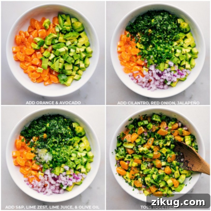Step-by-step process of preparing Avocado-Orange Salsa, showing each ingredient being added to a large mixing bowl: oranges, avocado, red onion, jalapeño, cilantro, lime juice, olive oil, and seasonings.