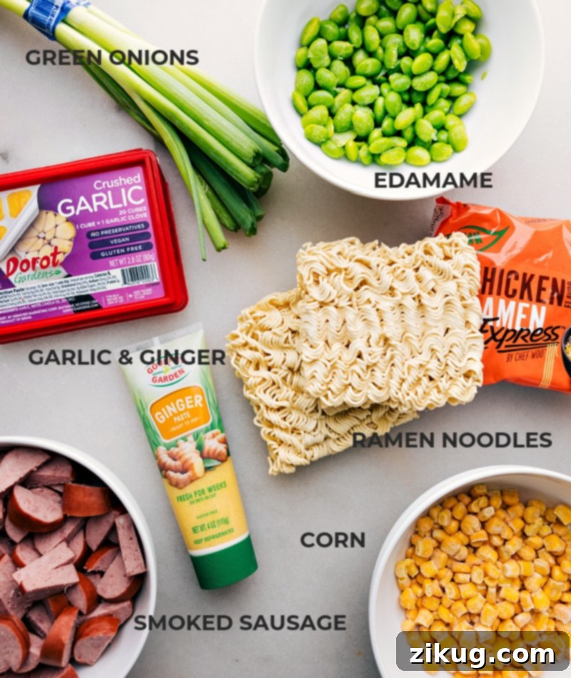 Fresh and Frozen Essentials: Ingredients for Quick Foil Pack Ramen Noodles Preparation All fresh and frozen ingredients laid out beautifully for the Foil Pack Ramen Noodles recipe