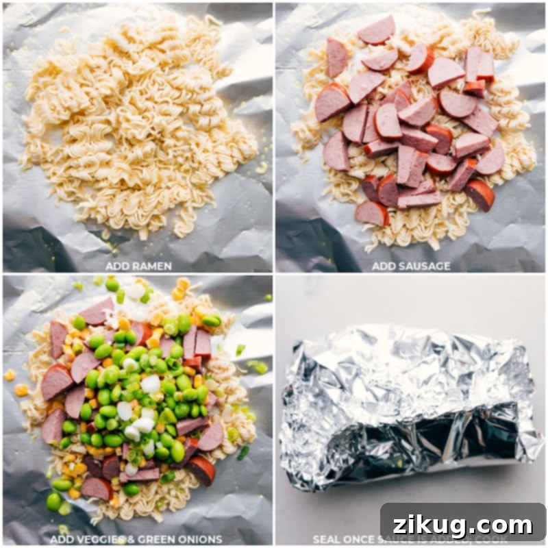 Foil Pack Ramen Noodles Assembly: A Seamless Path to a Hassle-Free Meal Step-by-step process of assembling Foil Pack Ramen Noodles with ramen, sausage, veggies, and green onions being added to foil and wrapped