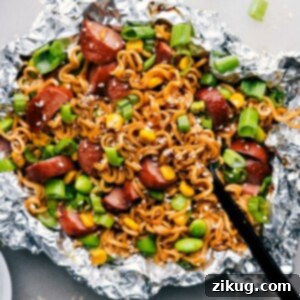 Foil Pack Ramen Noodles with sausage and vegetables