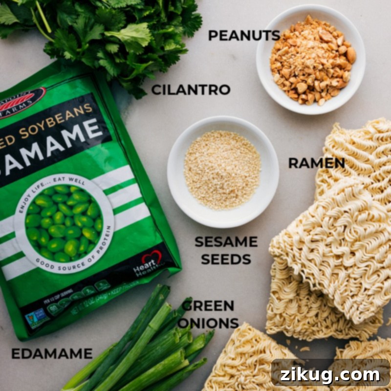 A flat lay image displaying all the raw ingredients for Peanut Butter Ramen, including instant ramen packets, edamame, green onions, cilantro, peanuts, and various sauce components.