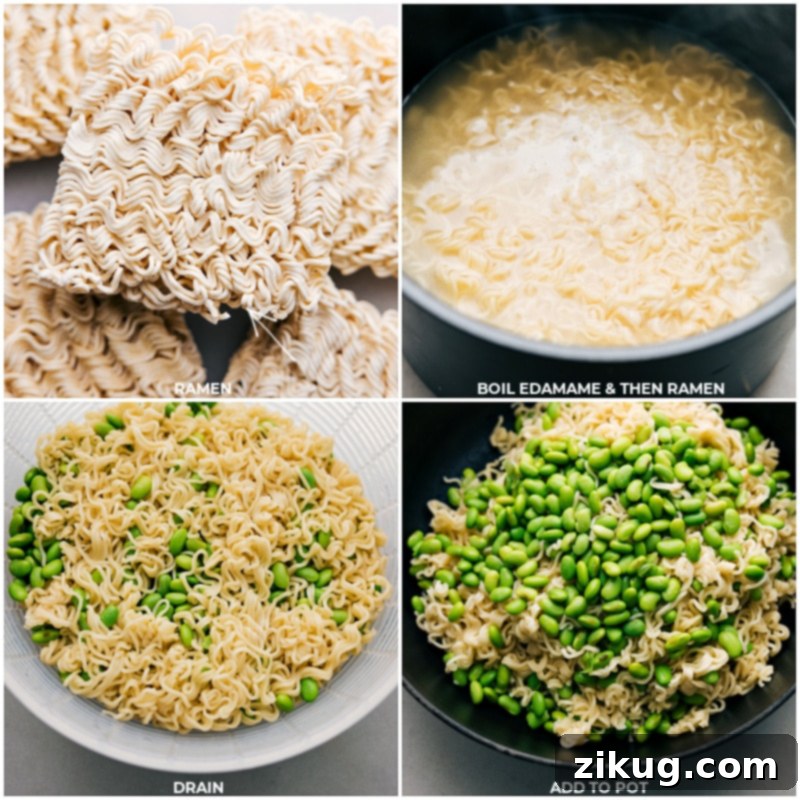 Process shots showing ramen noodles and edamame cooking in boiling water, followed by draining.