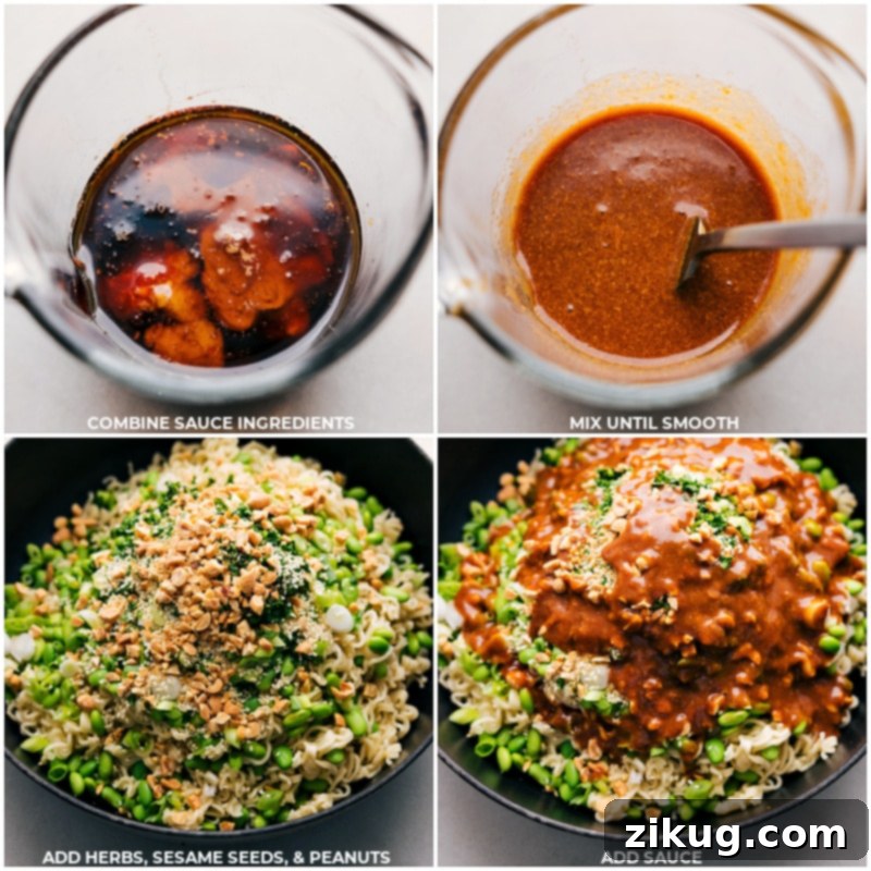 Process shots showing the sauce ingredients being combined, then poured over cooked ramen, edamame, herbs, sesame seeds, and peanuts in a large bowl.