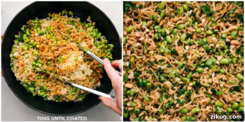 Two process shots: one of the ramen being tossed with all ingredients, and the other of the finished Peanut Butter Ramen dish in a bowl.