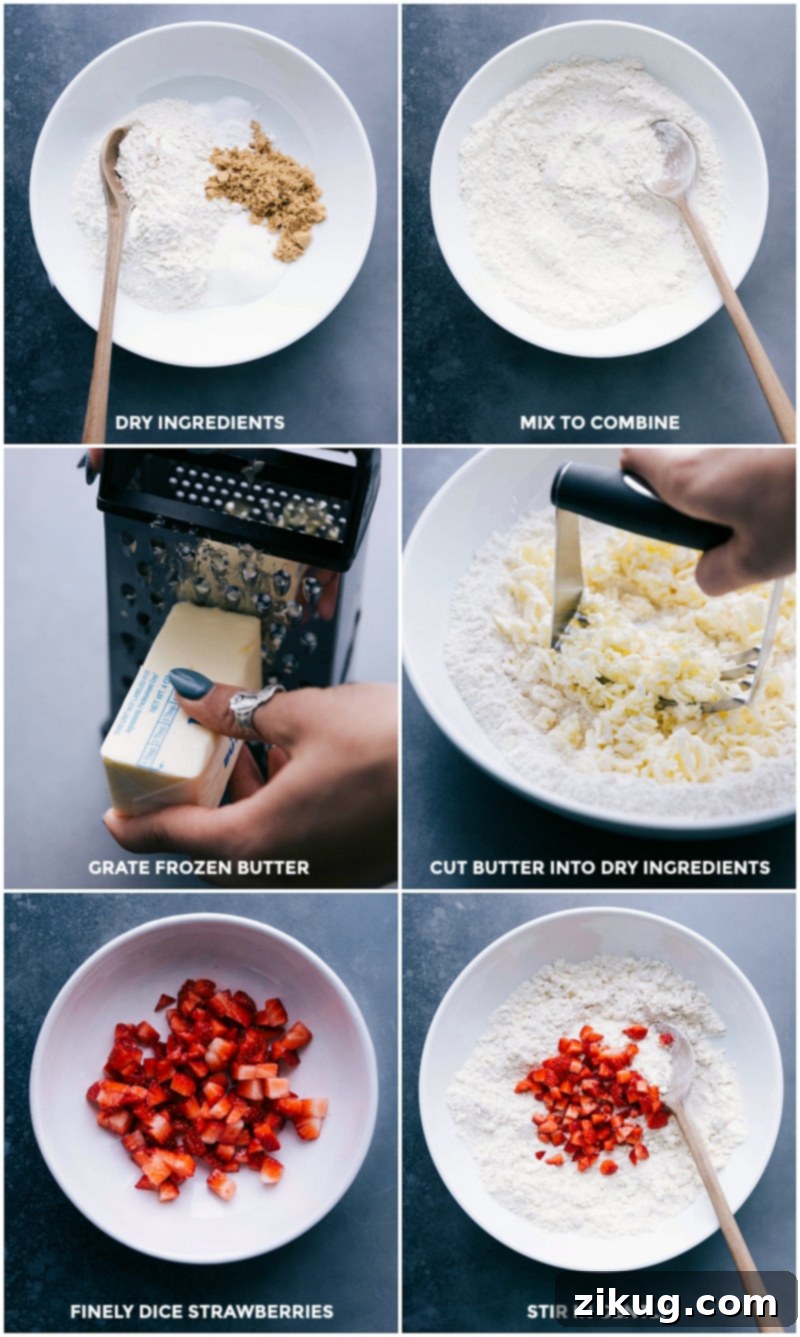 A step-by-step visual guide showing ingredients preparation: dry ingredients in a bowl, grated frozen butter, butter being cut into flour, diced fresh strawberries, and strawberries added to the dry mixture.