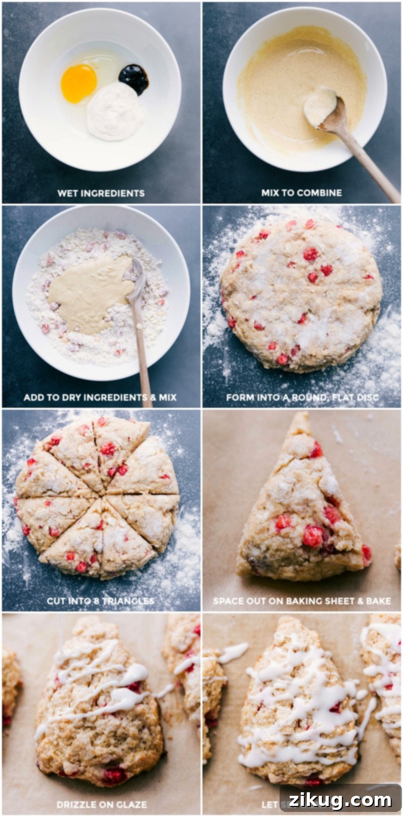 Visual sequence showing the preparation of strawberry scone dough, cutting it into triangles, the scones baking in the oven until golden, and finally, the finished scones being drizzled with a sweet glaze.