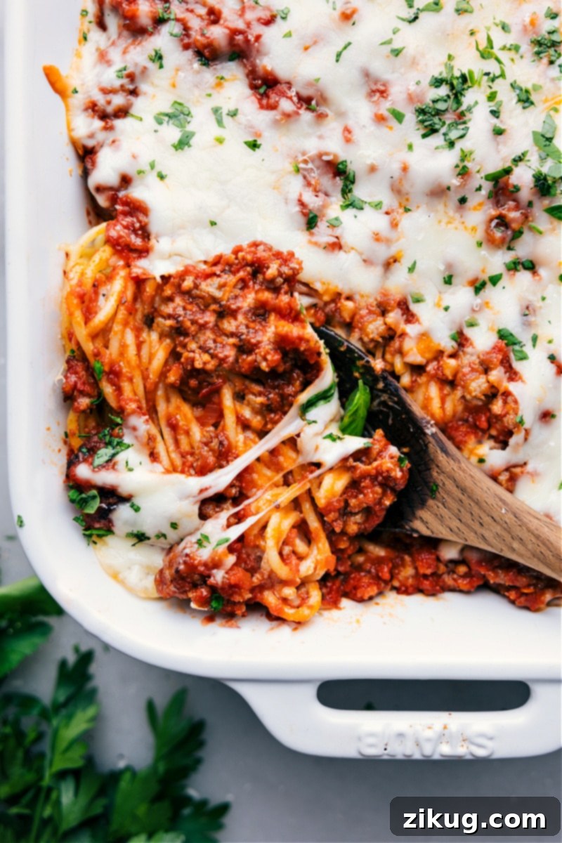 This TikTok Spaghetti is a layered delight with robust flavors - pasta is first tossed in a creamy Alfredo sauce boasting notes of garlic and Parmesan, then topped with a hearty layer of Italian sausage in rich marinara sauce. The dish is crowned with melted mozzarella and Parmesan, resulting in a combination of creamy and savory flavors with a cheesy finish. This dish is perfect for a hearty, satisfying meal. Recipe via chelseasmessyapron #dinner #quick #easy #simple #familyfriendly #kidfriendly #comfortfood #casserole #onepan #tiktok #spaghetti Overhead image of a baked TikTok Spaghetti casserole, showing distinct layers of creamy pasta, rich marinara with Italian sausage, and melted, golden-brown cheese on top.