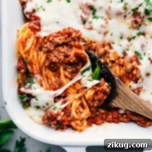 Close-up image of TikTok Spaghetti, showcasing its creamy, cheesy layers and savory meat sauce.
