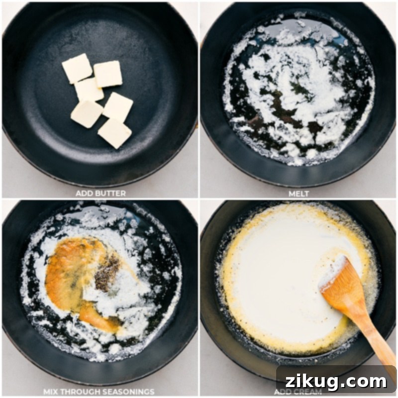 This TikTok Spaghetti features a luxurious Alfredo sauce made by simmering butter, onion powder, garlic powder, and heavy cream until thickened. This creamy base is crucial for the dish's irresistible texture. Process shots showing butter melting in a pan, followed by seasonings being added, and then heavy cream simmering to create the smooth Alfredo sauce base.