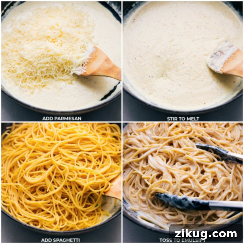 The creamy Alfredo sauce for TikTok Spaghetti is perfected by stirring in freshly grated Parmesan until smooth. Then, al dente spaghetti is added and tossed to ensure every strand is coated, creating a rich and flavorful foundation. Process shots of TikTok Spaghetti, showing freshly grated Parmesan being stirred into the creamy Alfredo sauce and cooked spaghetti being added to the sauce pan.