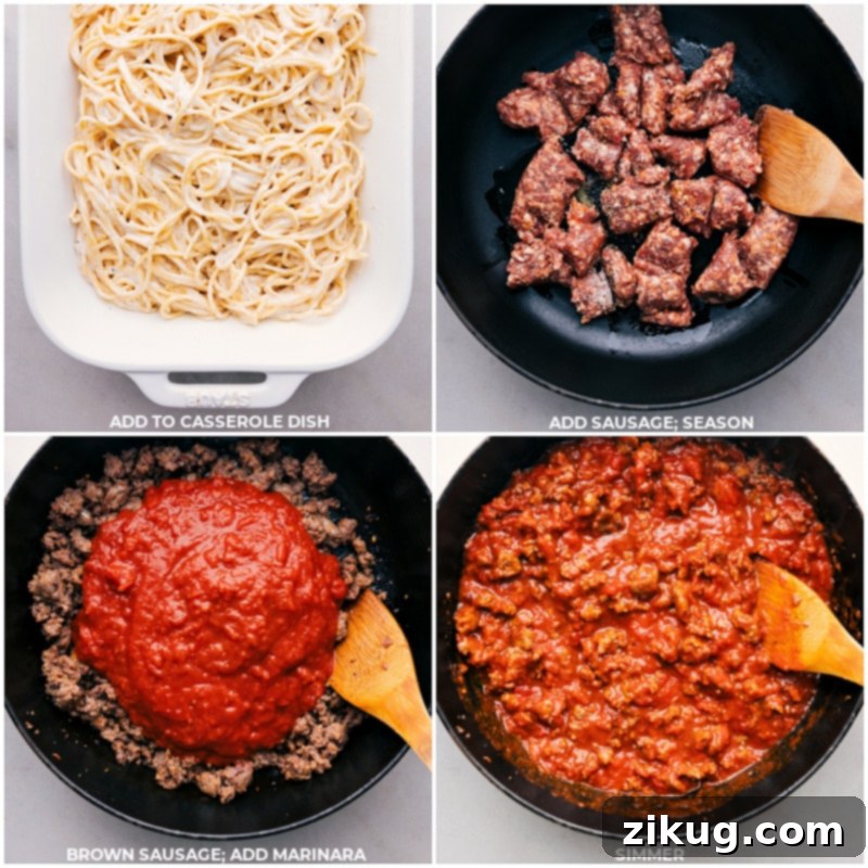 A vital layer of TikTok Spaghetti: Italian sausage is expertly browned and crumbled, then simmered in a rich marinara sauce, creating a deeply savory and flavorful topping that complements the creamy Alfredo pasta. Process shots showing Italian sausage being browned and crumbled in a large pan, then marinara sauce being added and stirred in to create a rich, savory meat sauce for the TikTok Spaghetti.