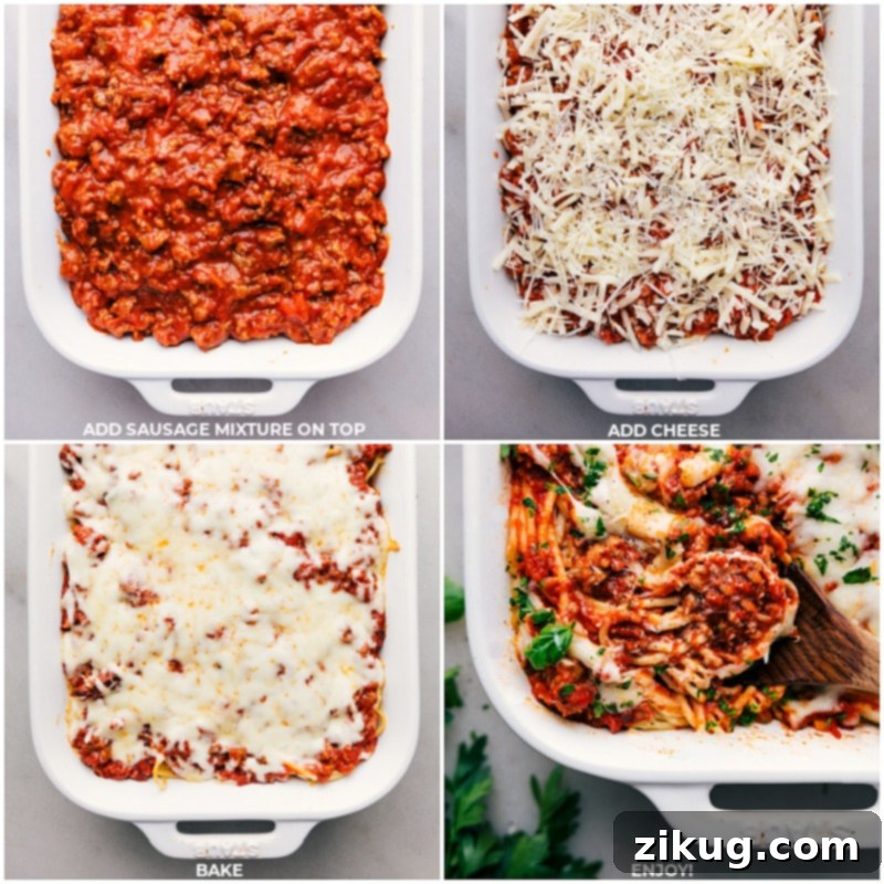 The TikTok Spaghetti baking process includes layering creamy Alfredo pasta with Italian sausage marinara, then topping with mozzarella and Parmesan, and baking until the cheese is perfectly melted and golden, creating a bubbly and irresistible casserole. Final process shots of TikTok Spaghetti: showing the layered dish before baking with sausage and cheese, and then the fully baked casserole with melted, bubbly, golden-brown cheese.