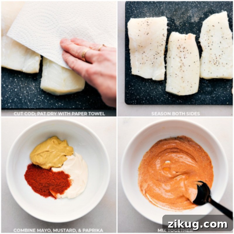 Process shots: images of cod being patted dry and the mayo, mustard, and paprika dip being mixed together for the baked cod recipe