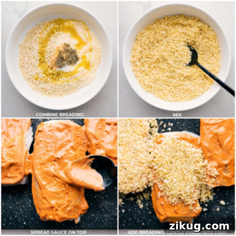 Process shots of Best Baked Cod, showing the breading being made and applied to the cod fillets