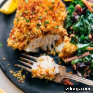 Close-up image of the finished Baked Cod with crispy topping