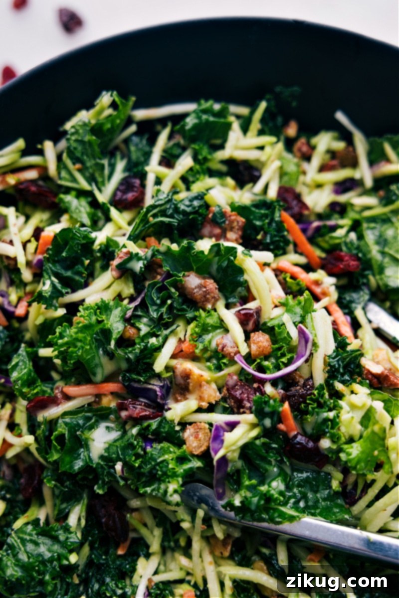 Vibrant Kale Cranberry Pecan Salad with a tangy honey-mustard dressing Overhead view of a vibrant Kale Cranberry Pecan Salad, showcasing its colorful ingredients