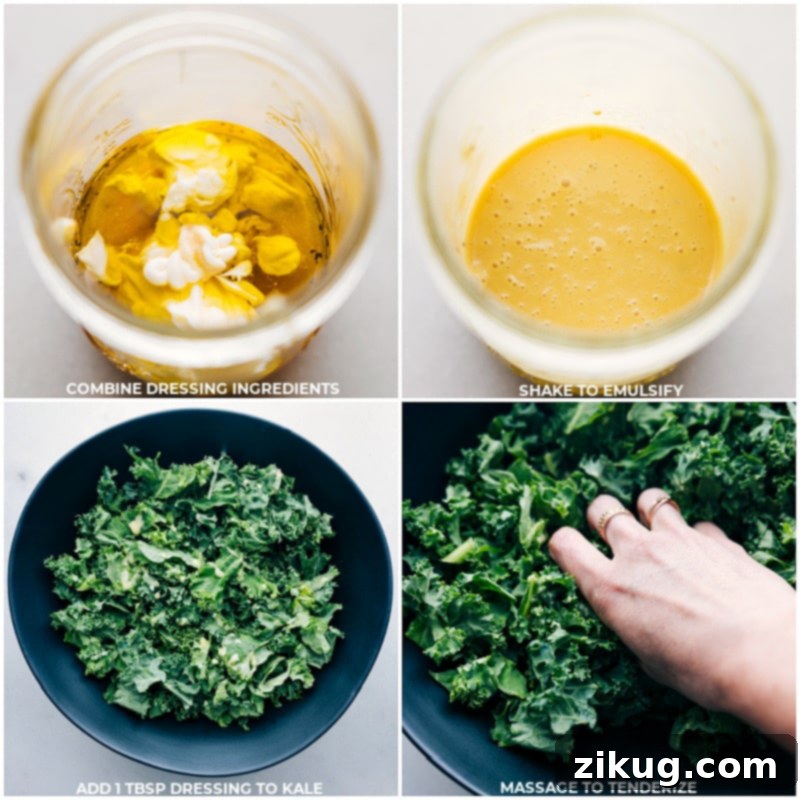 Preparing the delicious honey-mustard dressing and massaging kale for tenderness Process images showing the honey-mustard dressing being mixed and kale being massaged with dressing