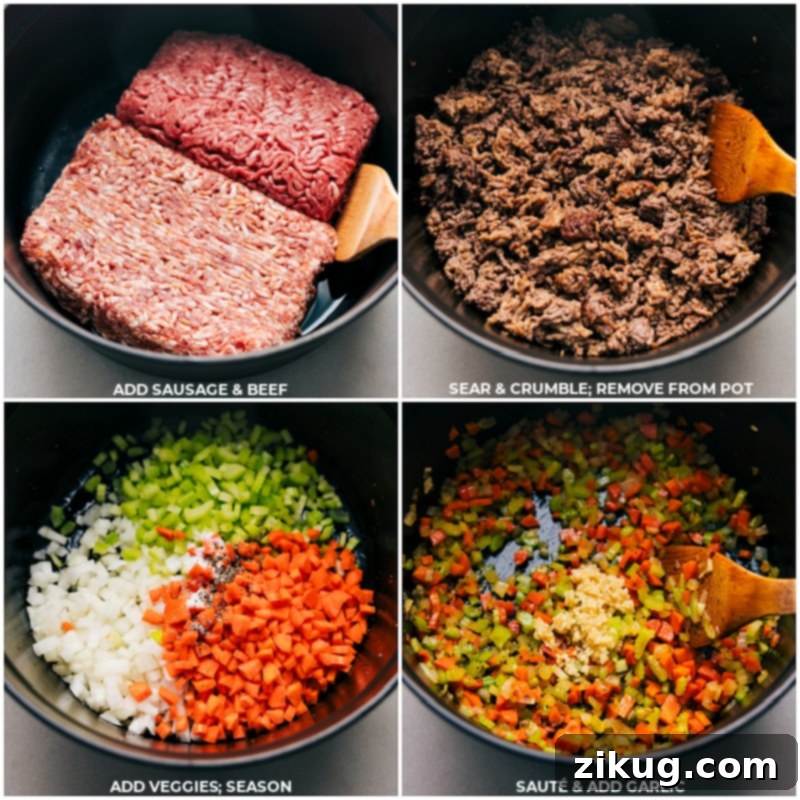 Preparing the Rich Lasagna Meat Sauce Browning meat and sautéing vegetables for Lasagna preparation.