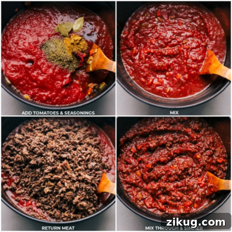 Simmering Tomato & Meat Sauce for Lasagna Tomato sauce and seasoning simmering in a pot, followed by the addition of meat sauce.