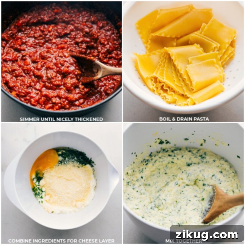 Preparing Lasagna Noodles and Cheese Sauce Easy Lasagna recipe step: Cooking and draining noodles, then preparing cheese sauce.