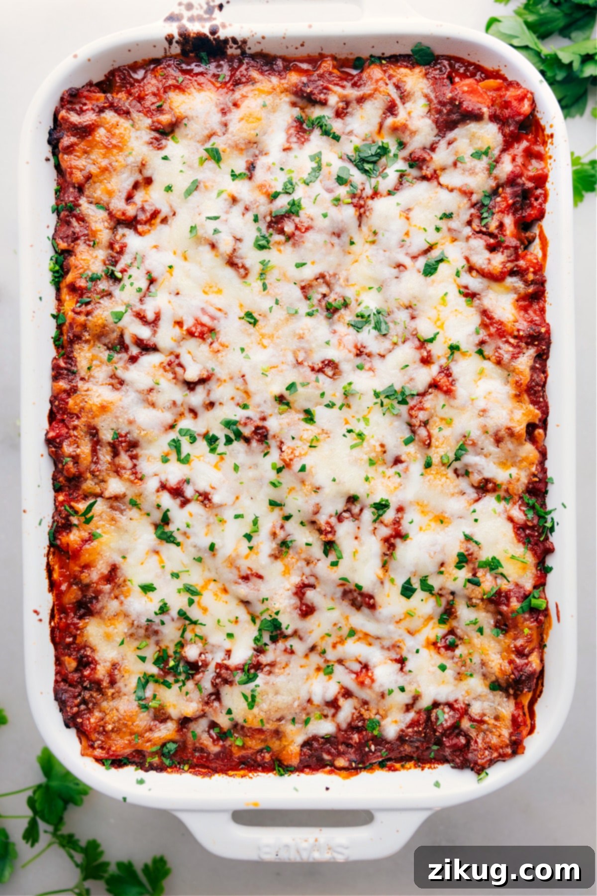 Freshly Baked Lasagna in 9x13 Dish Completed Lasagna in a 9x13 dish, ready to be enjoyed.