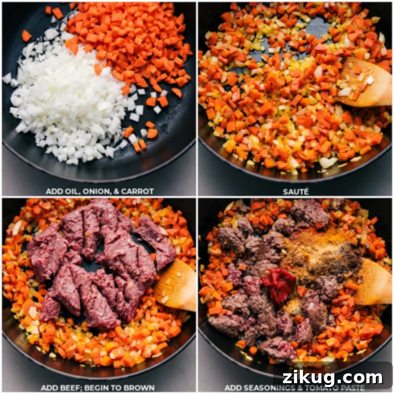 Step-by-step cooking: Building the savory base of Middle Eastern Ground Beef Bowls. Process shots: Sautéing onions and carrots, then adding ground beef, seasonings, and tomato paste to a pan