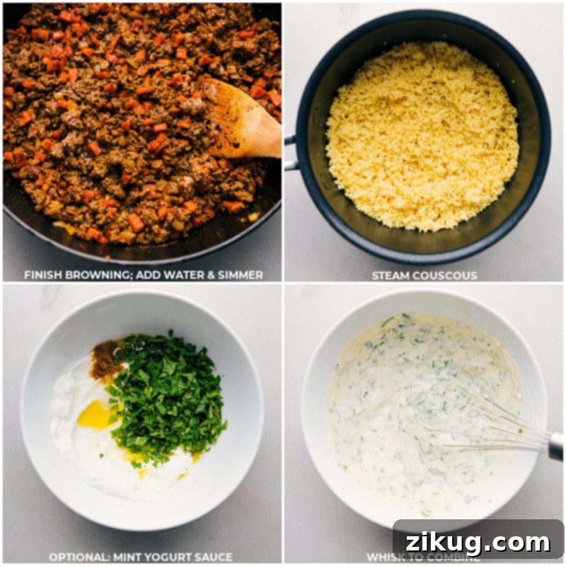 Completing the Middle Eastern Ground Beef Bowl components: juicy beef, fluffy couscous, and refreshing mint sauce. Process shots: Finishing the ground beef, steaming couscous, and preparing mint yogurt sauce