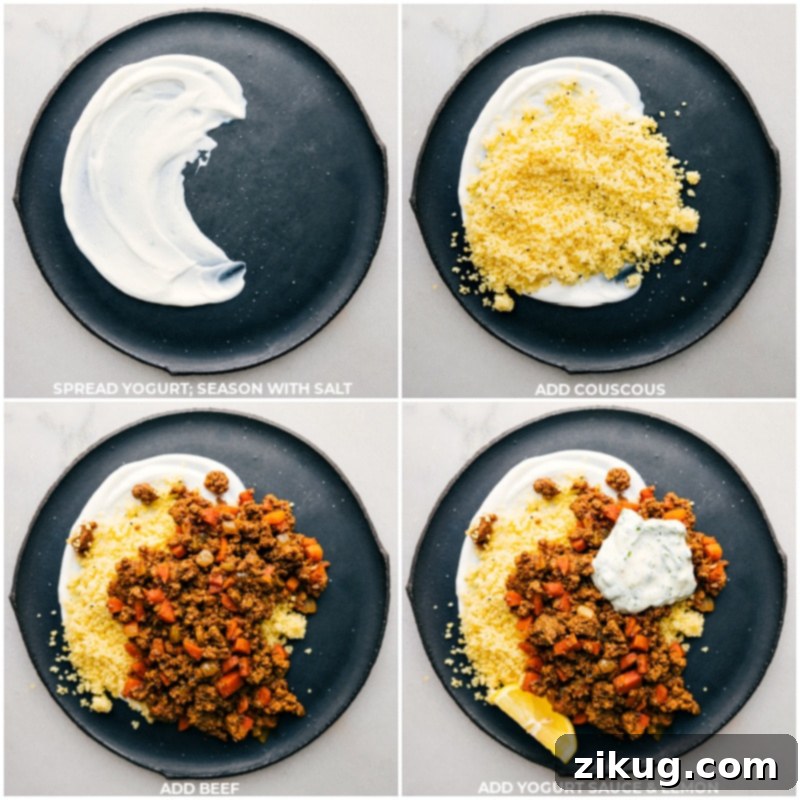 Final assembly: Layering yogurt, couscous, spiced beef, and refreshing mint-yogurt sauce for a perfect Middle Eastern Ground Beef Bowl. Process shots for assembling the bowls: spreading yogurt, adding couscous, topping with beef mixture and mint yogurt sauce, garnished with lemon