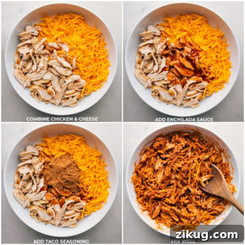 These delicious Crispy Chicken Wraps deliver a delightful fusion of flavors with smoky, spiced shredded chicken and rich, creamy refried beans and melty cheddar cheese nestled inside a crispy, golden-brown tortilla. Not only are these wraps incredibly tasty, but they also provide a convenient meal option that can be prepared quickly and easily! Perfect for dinner, quick lunches, and family-friendly meals. #dinner #quick #easy #simple #familyfriendly #kidfriendly #lunch #crispy #chicken #wraps Process shot showing shredded chicken, cheese, enchilada sauce, and taco seasoning being mixed in a bowl.