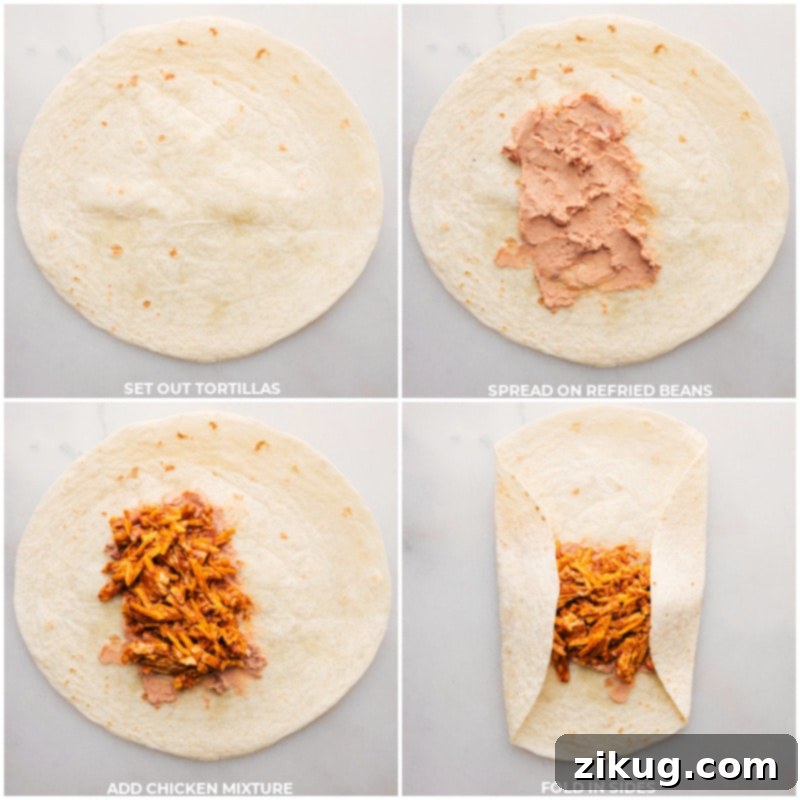 These amazing Crispy Chicken Wraps deliver a delightful fusion of flavors with smoky, spiced shredded chicken and rich, creamy refried beans and melty cheddar cheese nestled inside a crispy, golden-brown tortilla. Not only are these wraps incredibly tasty, but they also provide a convenient meal option that can be prepared quickly and easily! Recipe via chelseasmessyapron #dinner #quick #easy #simple #familyfriendly #kidfriendly #lunch #crispy #chicken #wraps Process shots showing refried beans and chicken mixture being added to flour tortillas before folding.