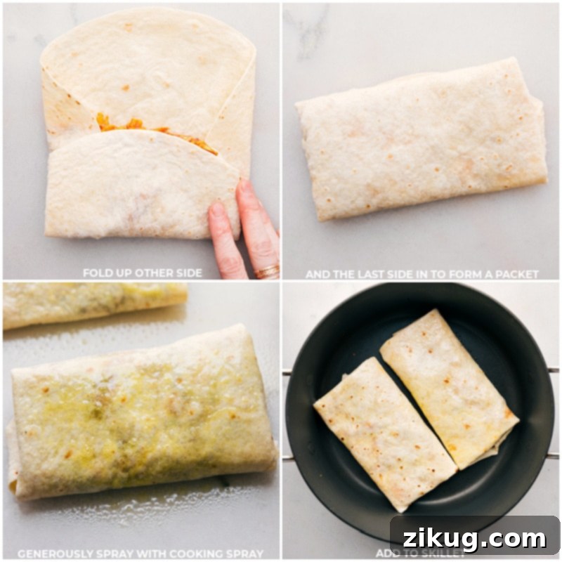 These are the best Crispy Chicken Wraps! Not only are these wraps incredibly tasty, but they also provide a convenient meal option that can be prepared quickly and easily! Recipe via chelseasmessyapron #dinner #quick #easy #simple #familyfriendly #kidfriendly #lunch #crispy #chicken #wraps Process shots showing Crispy Chicken Wraps being cooked in a skillet to golden perfection.
