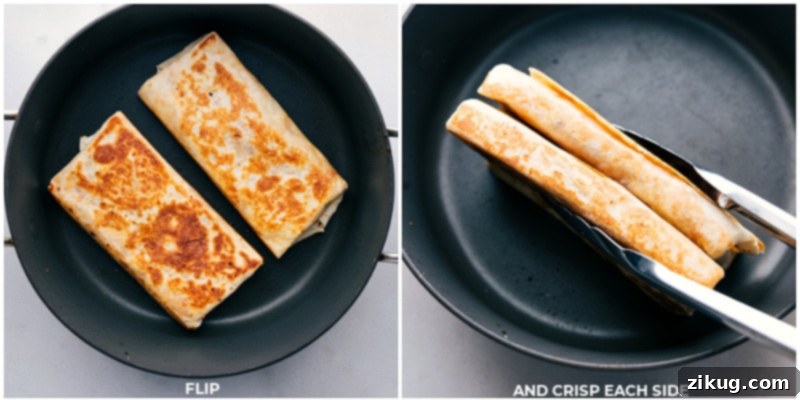 These amazing Crispy Chicken Wraps deliver a delightful fusion of flavors with smoky, spiced shredded chicken and rich, creamy refried beans and melty cheddar cheese nestled inside a crispy, golden-brown tortilla. Recipe via chelseasmessyapron #dinner #quick #easy #simple #familyfriendly #kidfriendly #lunch #crispy #chicken #wraps Process shots showing all sides of the Crispy Chicken Wrap being cooked to a perfect golden crisp.