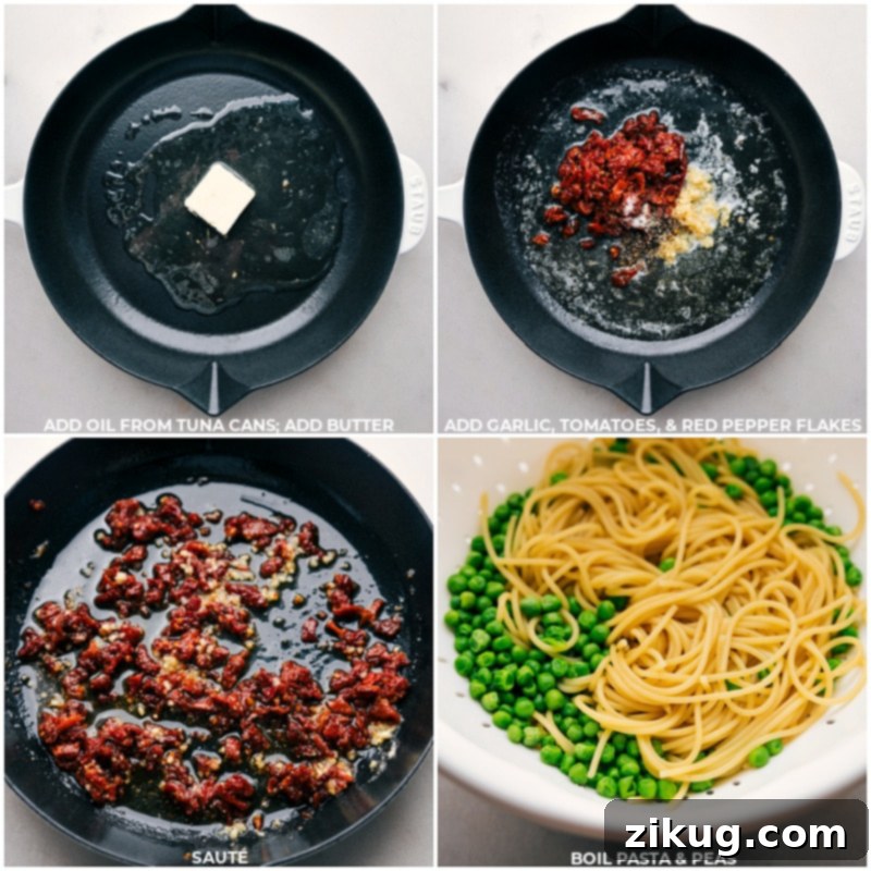 Cooking Steps for Tuna Pasta with Garlic and Tomatoes A bustling kitchen scene illustrating the cooking steps for tuna pasta: a skillet heats with oil, butter, garlic, sun-dried tomatoes, and red pepper flakes, while a separate pot boils spaghetti and peas to perfection.