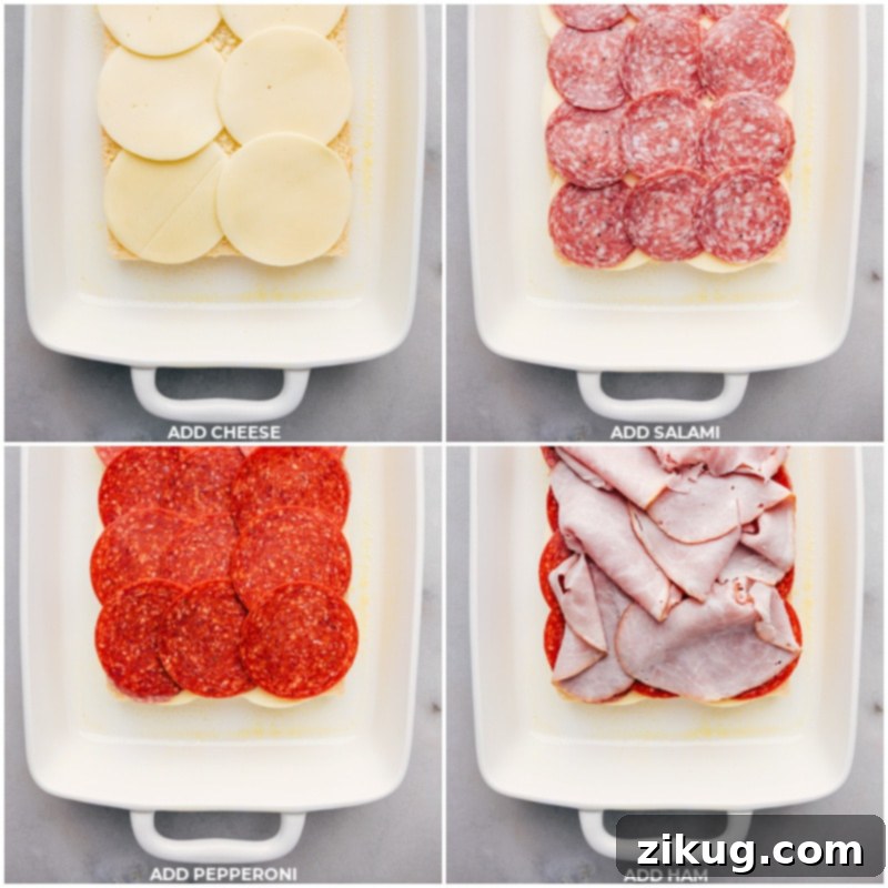 Process shots of Grinder Sliders-- images of the cheese, salami, pepperoni, and ham being added to the rolls