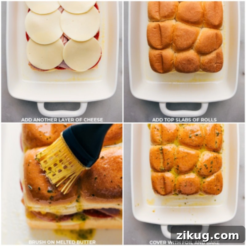 Process shots-- images of the roll layer being added on and the melted butter being brushed on top