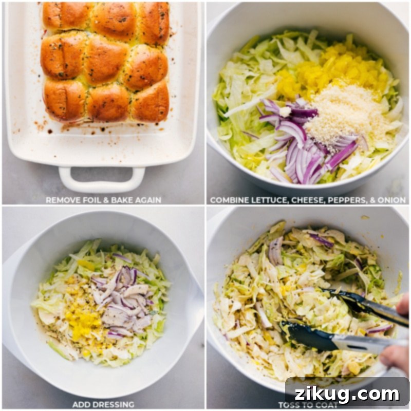 Process shots-- images of the lettuce, cheese, peppers, onions, and dressing being tossed together