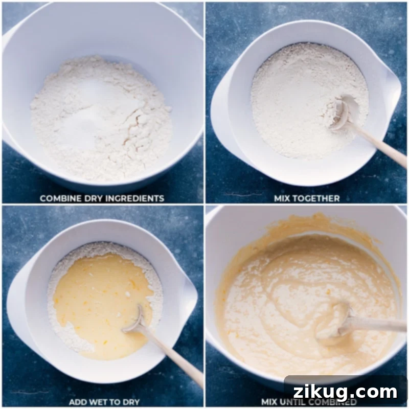 Process shots of Lemon Bread, showing dry and wet ingredients being mixed in bowls.