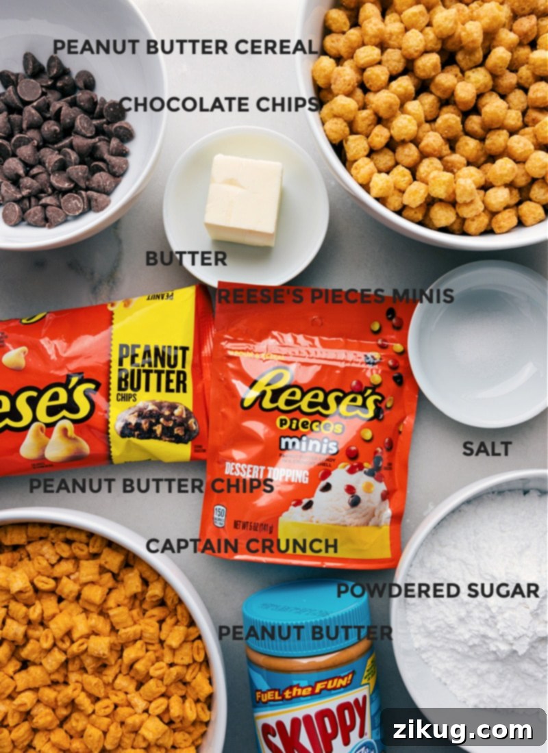 Gather your ingredients for Peanut Butter Puppy Chow: crunchy cereal, creamy peanut butter, chocolate, and powdered sugar, ready for mix-ins. A vibrant flat lay image showcasing all the delicious ingredients laid out for making Peanut Butter Puppy Chow
