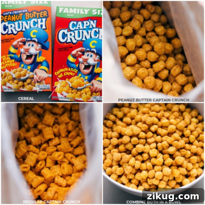 Combine your chosen cereals in a bowl, ready for the sweet and crunchy transformation into Peanut Butter Puppy Chow. Progress shots showing the cereal being gently combined in a large bowl, preparing for the coating process