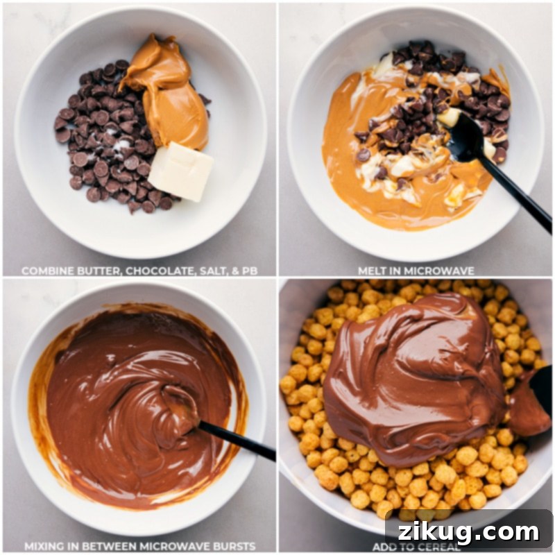 Watch the magic unfold: melted chocolate and peanut butter poured over crunchy cereal, soon to be coated in powdered sugar perfection. Process shots showing the melted chocolate, peanut butter, and salt being combined, then poured over the cereal for coating