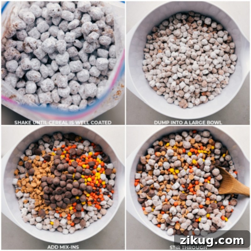 Final touches: adding Reese's minis and peanut butter chips, then gently tossing the Peanut Butter Puppy Chow for an irresistible finish. Process shots demonstrating the addition of mix-ins and the final tossing of the Peanut Butter Puppy Chow