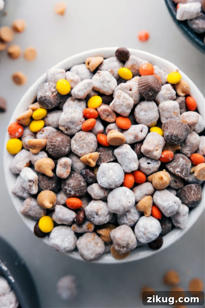 The finished Peanut Butter Puppy Chow, perfectly coated and ready to be savored, promises a delightful blend of crunch and sweetness. An inviting, up-close overhead image of the finished Peanut Butter Puppy Chow, ready to be enjoyed