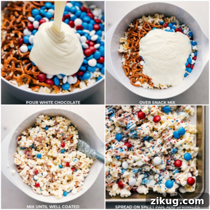 White chocolate being poured into the bowl with the other ingredients and it all being mixed together for this 4th of July popcorn.