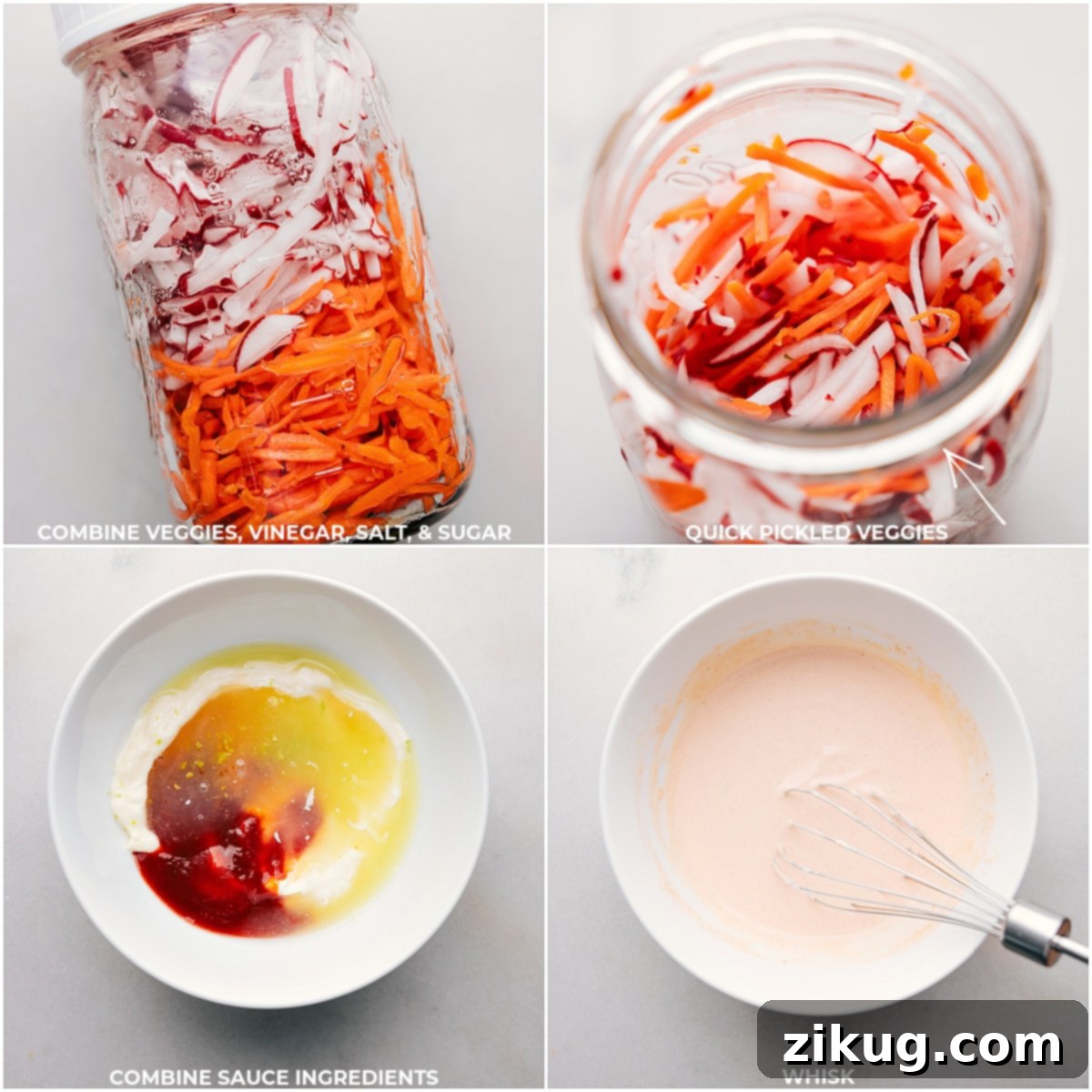 Vegetables, vinegar, salt, and sugar combined in a Mason jar for pickling, alongside sauce ingredients being whisked together.