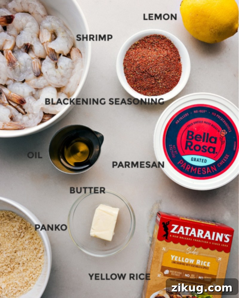 This Blackened Shrimp recipe is a flavor bomb! Recipe via ChelseasMessyApron.com #blackened #shrimp #yellowrice #avocado #panko #crunchy #blackbeans Ingredients for Blackened Shrimp recipe laid out on a table