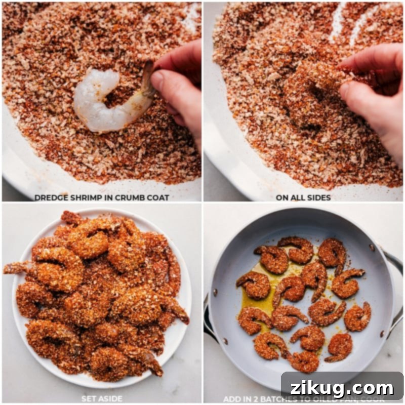This Blackened Shrimp recipe is a flavor bomb! The shrimp's spicy and smoky seasoning meets crunchy breadcrumbs and is perfectly balanced by aromatic yellow rice, a cool veggie salad, and creamy avocado - it's a mix of flavors and textures that's totally irresistible! Recipe via ChelseasMessyApron.com #blackened #shrimp #yellowrice #avocado #panko #crunchy #blackbeans Process shots: dredging shrimp in breadcrumbs and cooking in a hot pan