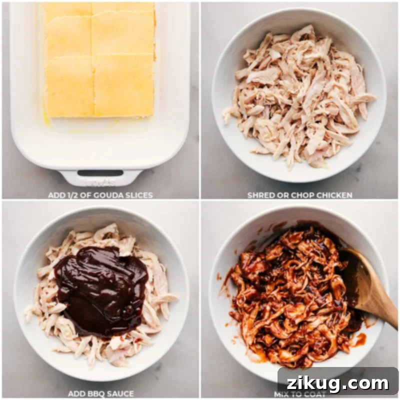 These BBQ Chicken Sliders combine juicy BBQ chicken, melty Gouda cheese, and sweet Hawaiian rolls, all jazzed up with a pop of onion and cilantro. The rolls are brushed with garlic-herb butter that gives these sliders a beautiful crispy and golden exterior. Recipe via ChelseasMessyApron.com #BBQ #BBQchicken #sliders #hawaiianrolls #quick #easy Step-by-step process of assembling BBQ Chicken Sliders: cheese on buns, shredded BBQ chicken, and optional toppings