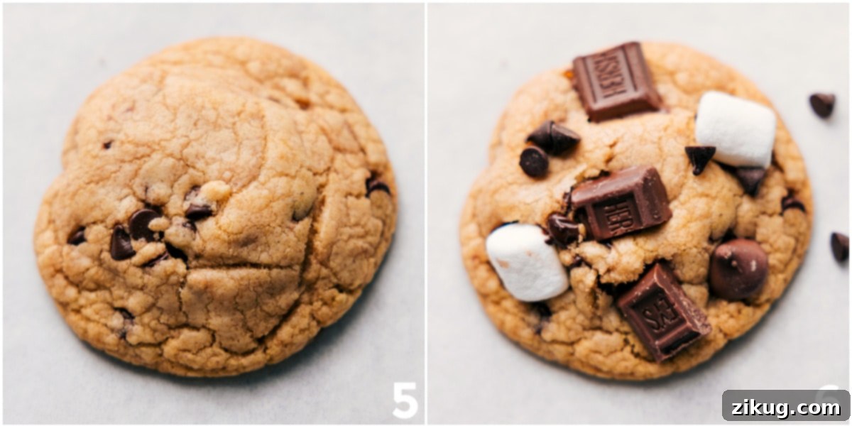 Gooey Smores Cookie Delights 6 Freshly baked s'mores cookies cooling on a wire rack.