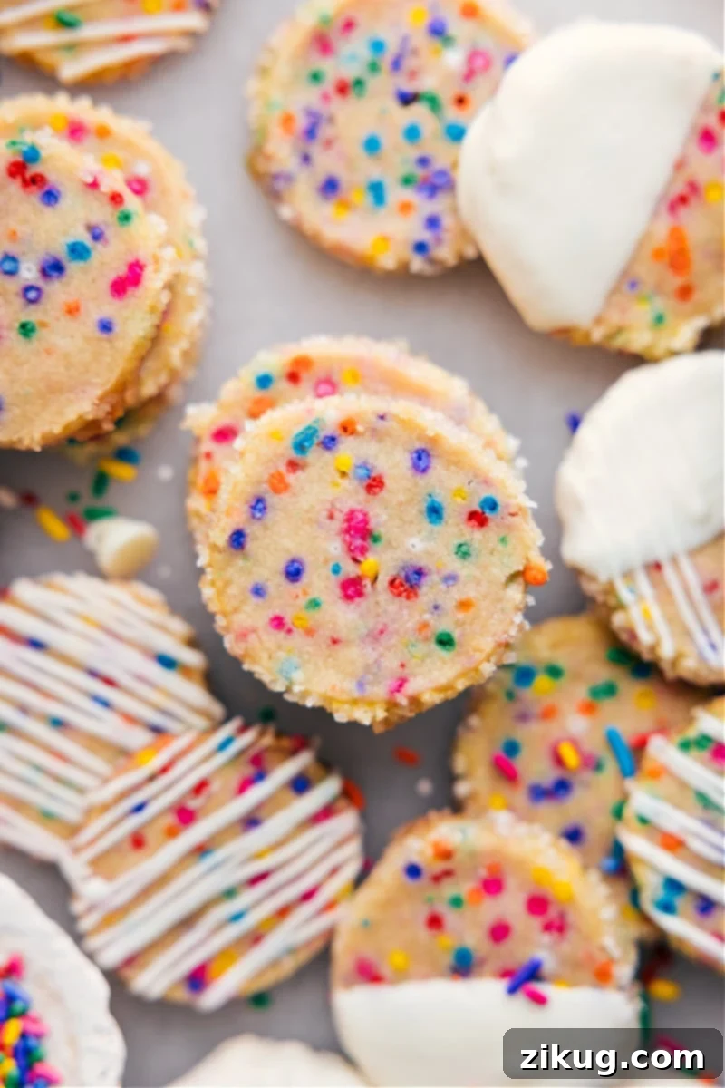 Overhead image of freshly baked slice and bake cookies with colorful sprinkles, some drizzled with white chocolate, on a cooling rack.